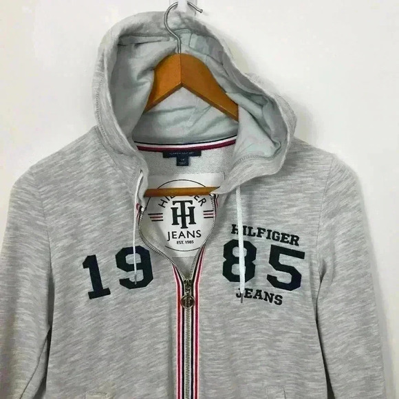TOMMY HILFIGER 85 Gray Blue Red Small Full Zip Cotton Blend Hoodie Jacket - Picture 1 of 9